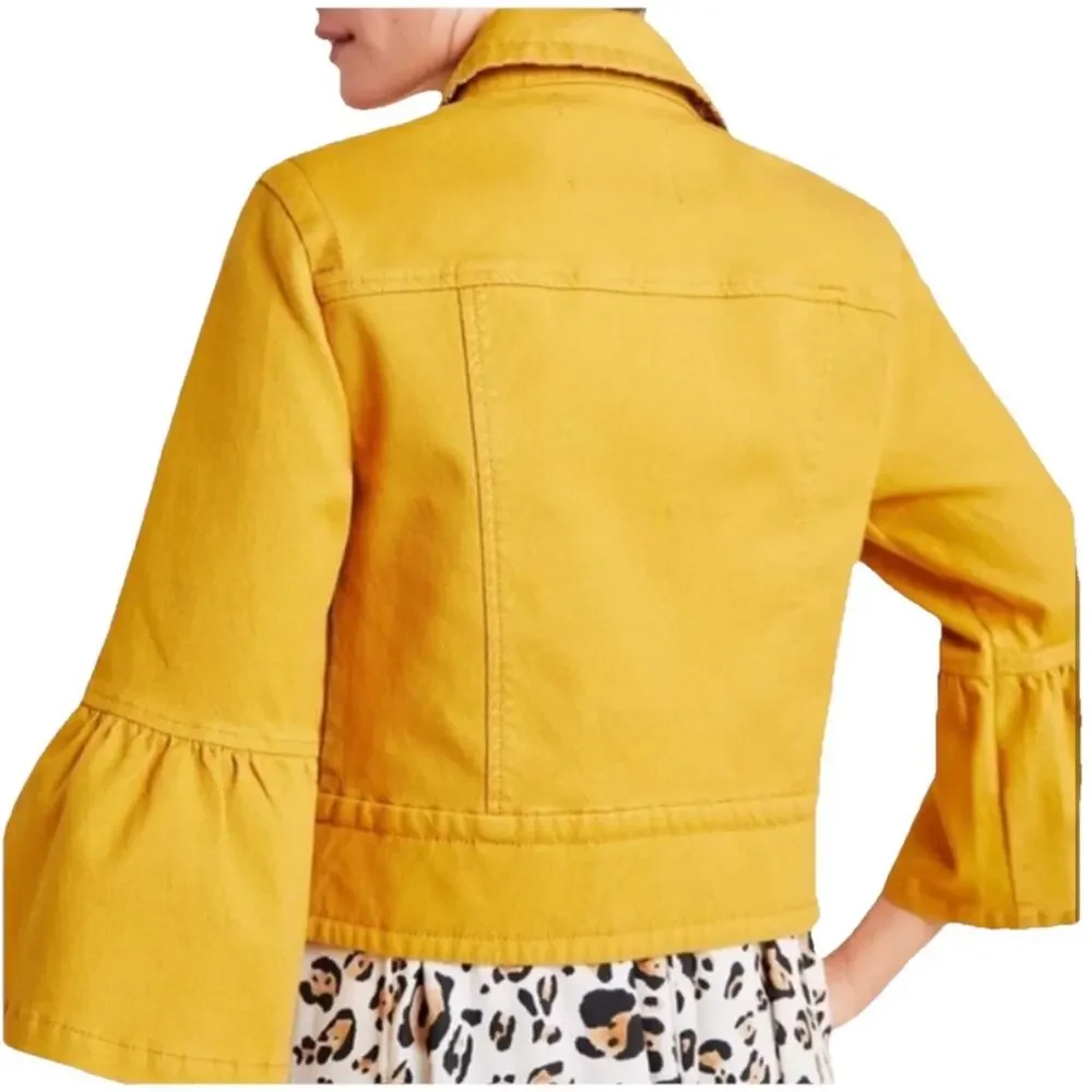 ANTHROPOLGIE Nora Flounce-Sleeved Trucker Short Jacket Small Mustard 3/4 Sleeve - Picture 3 of 11
